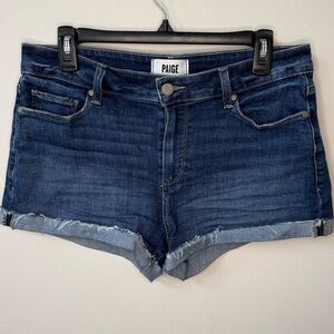 Paige Jimmy Jimmy Denim Shorts Size 28 Blue Distressed Raw Hem Mid Rise Cuffed